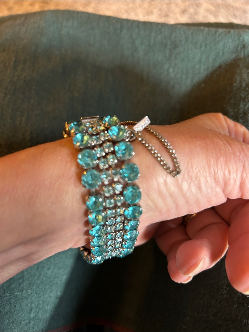 Vintage Ann Vien Turquoise Rhinestone Bracelet with safety chain and tag.